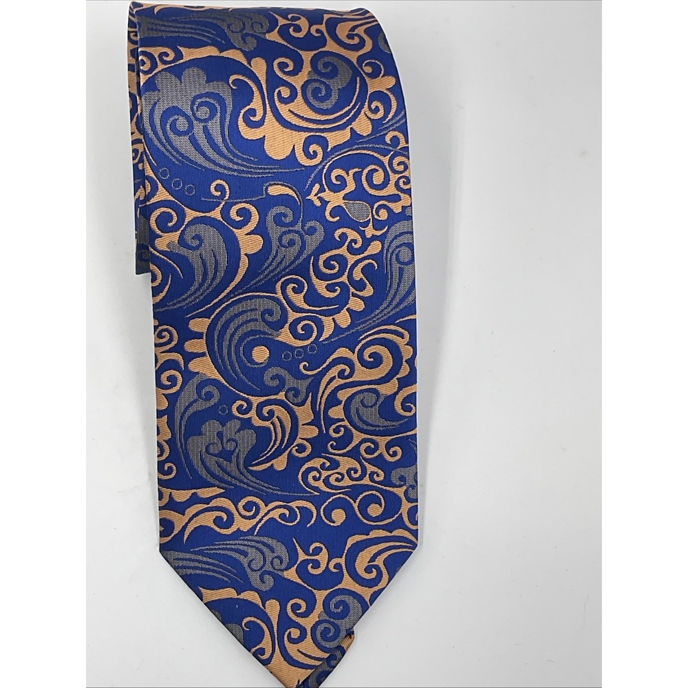 New Japanese Silk Necktie Men's Blue & Bronze Jacquard Floral Paisley Print 57"